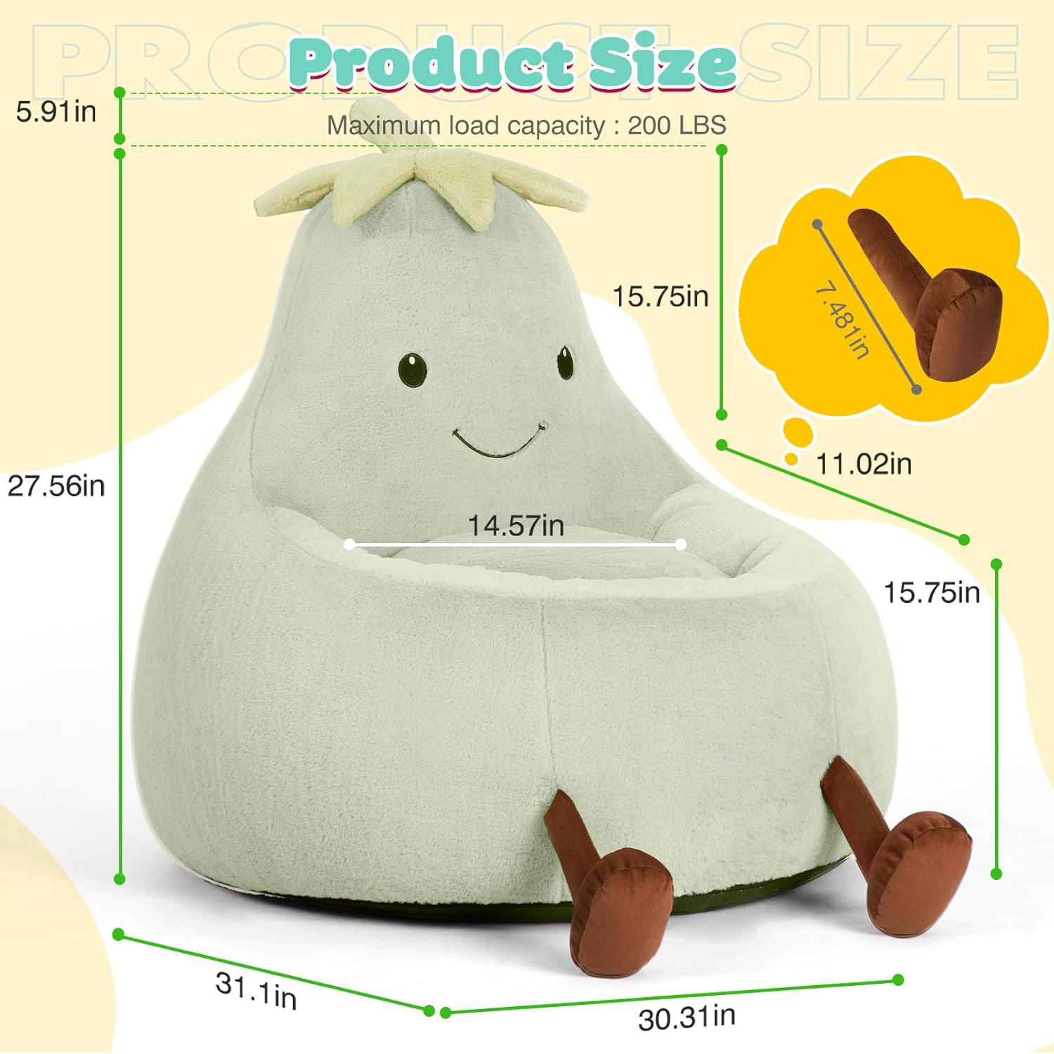 DUMOS Kids Bean Bag Chair, Stuffed Toddler Couch with Faux Rabbit Fur Cover for Teens & Kids, Comfy Lazy Sofa Chair for Reader, Living Room, Bedroom, Aged 4-12 Years, 31 Inch, Green