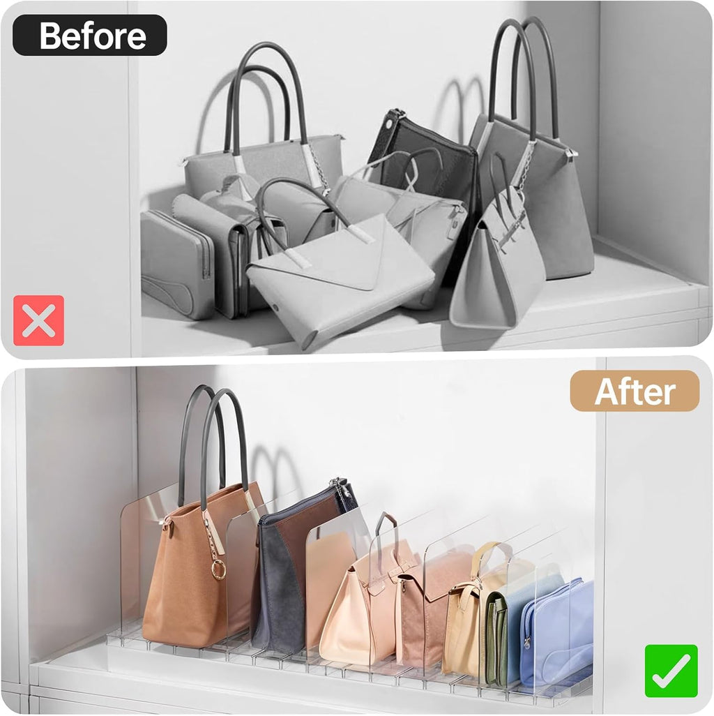 PAVSTINE Purse Organizer for Closet, Stackable Handbag Storage Shelf, Adjustable Clear Shelf Dividers, Keep Clutch, Bag, Pocketbook Upright, for Bedroom