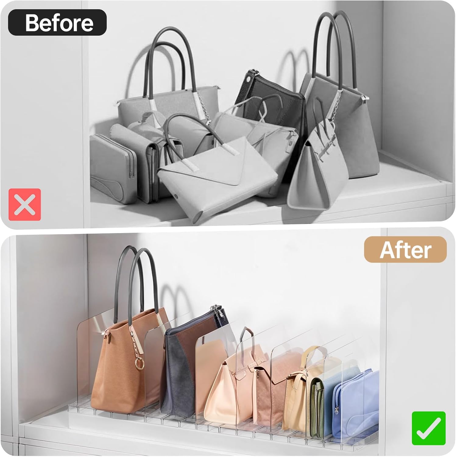 PAVSTINE Purse Organizer for Closet, Stackable Handbag Storage Shelf, Adjustable Clear Shelf Dividers, Keep Clutch, Bag, Pocketbook Upright, for Bedroom