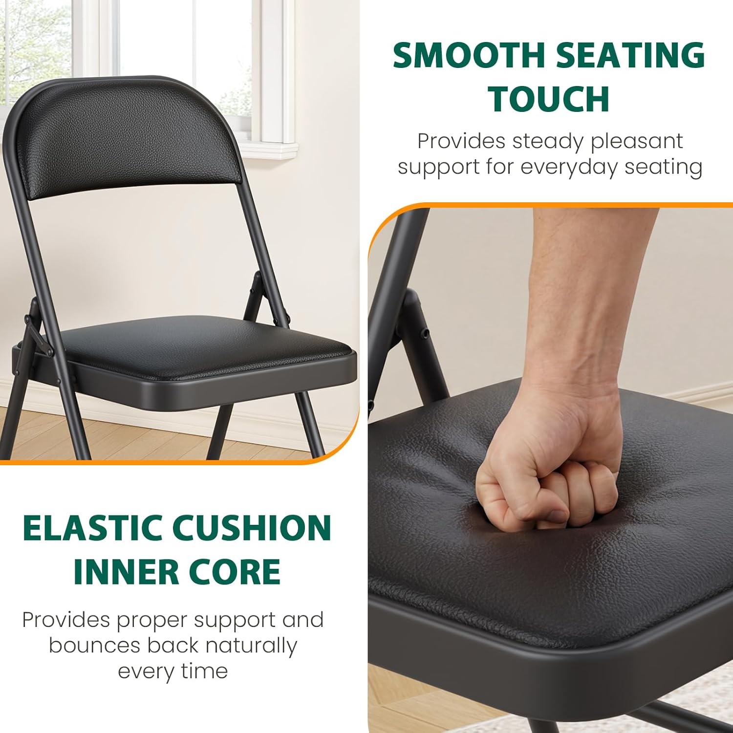Folding Chairs 2 Pack,350 lbs Heavy Duty Metal Frame Folding Chairs with PU Leather Padded Seat,Ergonomic Portable Foldable Chair with Non-Slip Rubber Feet for Indoor Outdoor Wedding Patio Party,Black