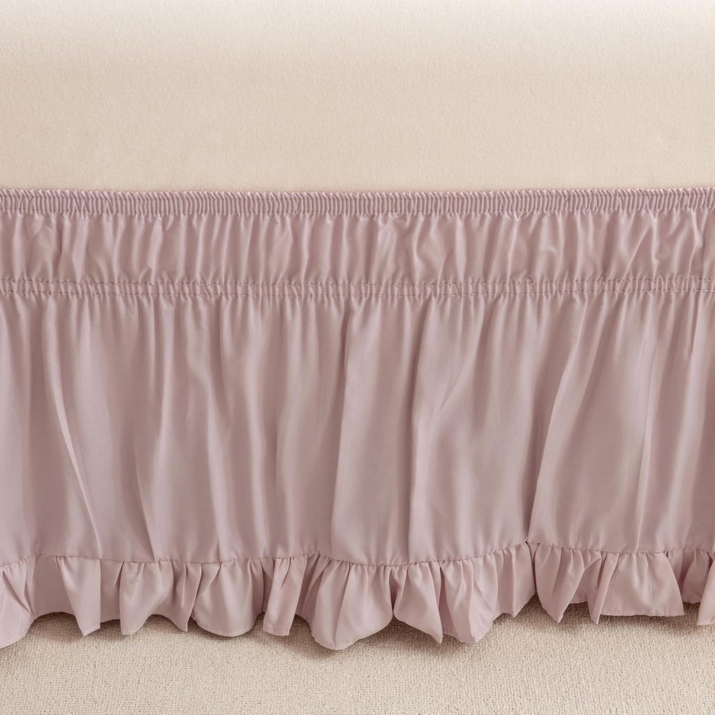 vctops Wrap Around Bed Skirt with 15 Inch Drop, Adjustable Elastic Dust Ruffled Bedding Skirt Fade Resistant Bedskirt, Easy to Install (Dusty Pink, Queen)