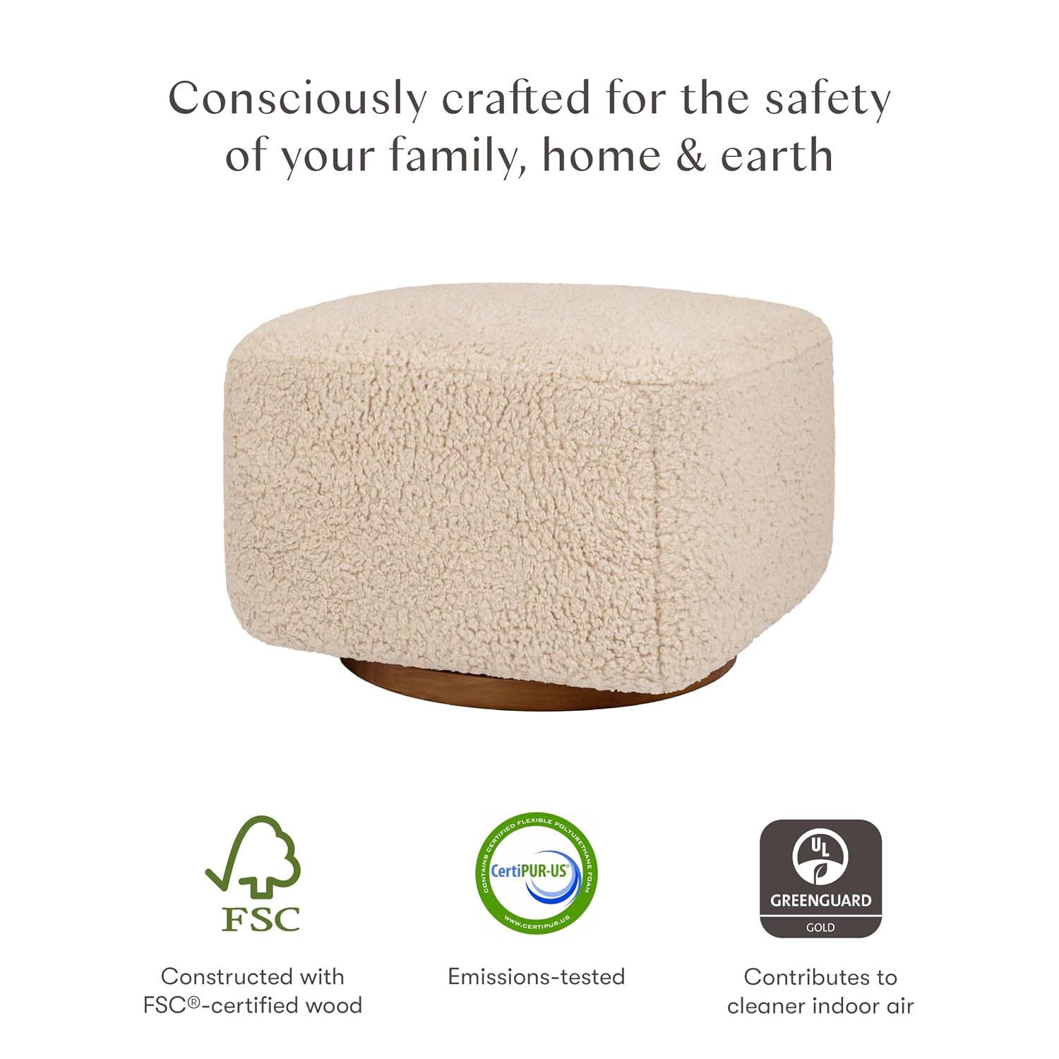 Babyletto Kiwi Gliding Ottoman in Chai Shearling with Dark Wood Base, Greenguard Gold and CertiPUR-US Certified