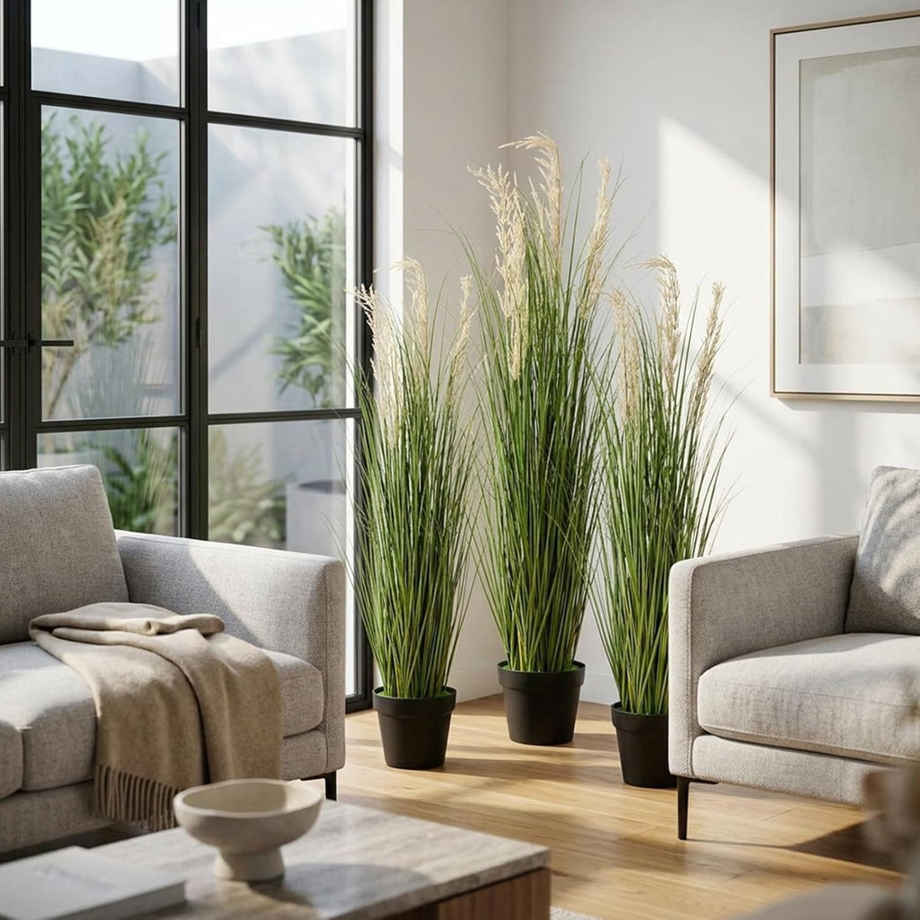 4 Pack 4 ft Tall Artificial Grass Plant Fake Pampas Grass in Pot Large Faux Floor Plants Potted Artificial Greenery for Indoor Outdoor Garden Home Bathroom Office Room Housewarming Wedding Decoration