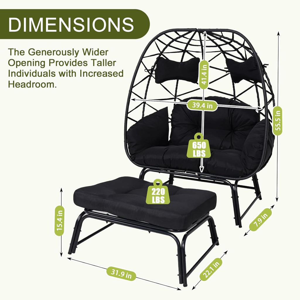 Double Wicker Egg Chair with Ottoman, Indoor Outdoor Egg Basket Lounge Chair with Thick Cushion, 650 lbs Capacity Oversized Rattan Egg Shaped Chair with Leg for Patio Balcony Garden (Black)
