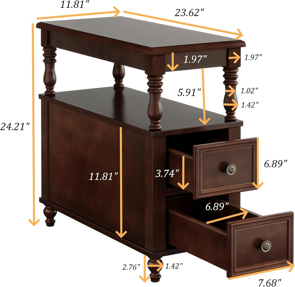 Tribesigns Solid Wood End Table, Vintage Side Table with 2 Drawers & 2-Tier Open Shelf, Mid-Century Nightstand, Slim Bedside Table for Small Space, Bedroom, Living Room, Cherry Finish, 2Pcs