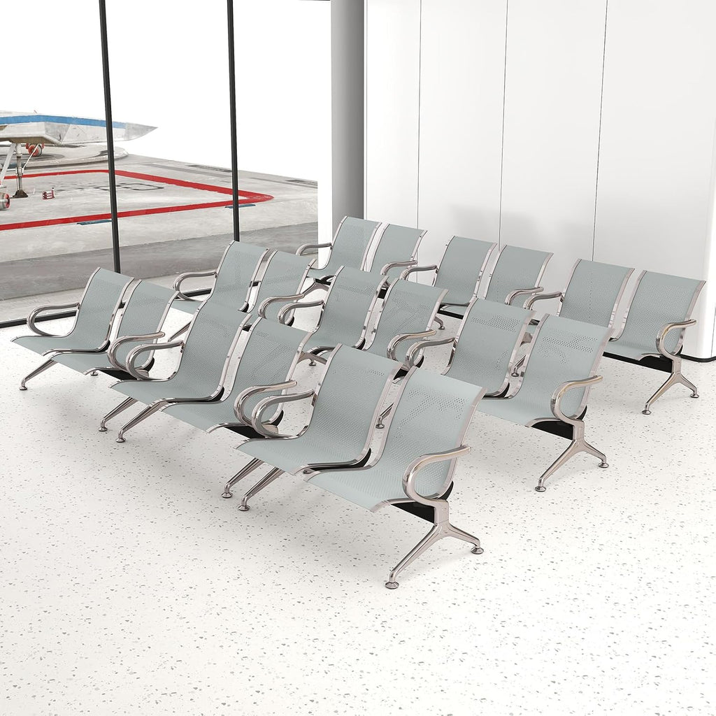 kinbor 2-Seat Waiting Room Chairs with Arms - Set of 3 Modern Reception Bench for Airport, Hospital, Office Lobby - Breathable Mesh & Durable Steel Waiting Area Furniture (Gray)