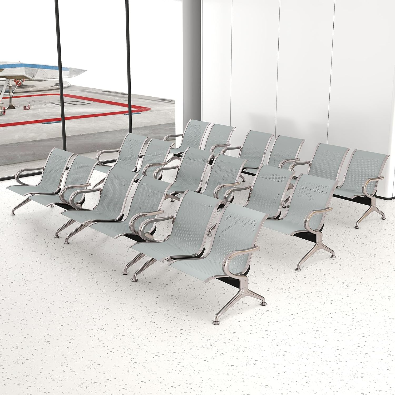 kinbor 2-Seat Waiting Room Chairs with Arms - Set of 3 Modern Reception Bench for Airport, Hospital, Office Lobby - Breathable Mesh & Durable Steel Waiting Area Furniture (Gray)