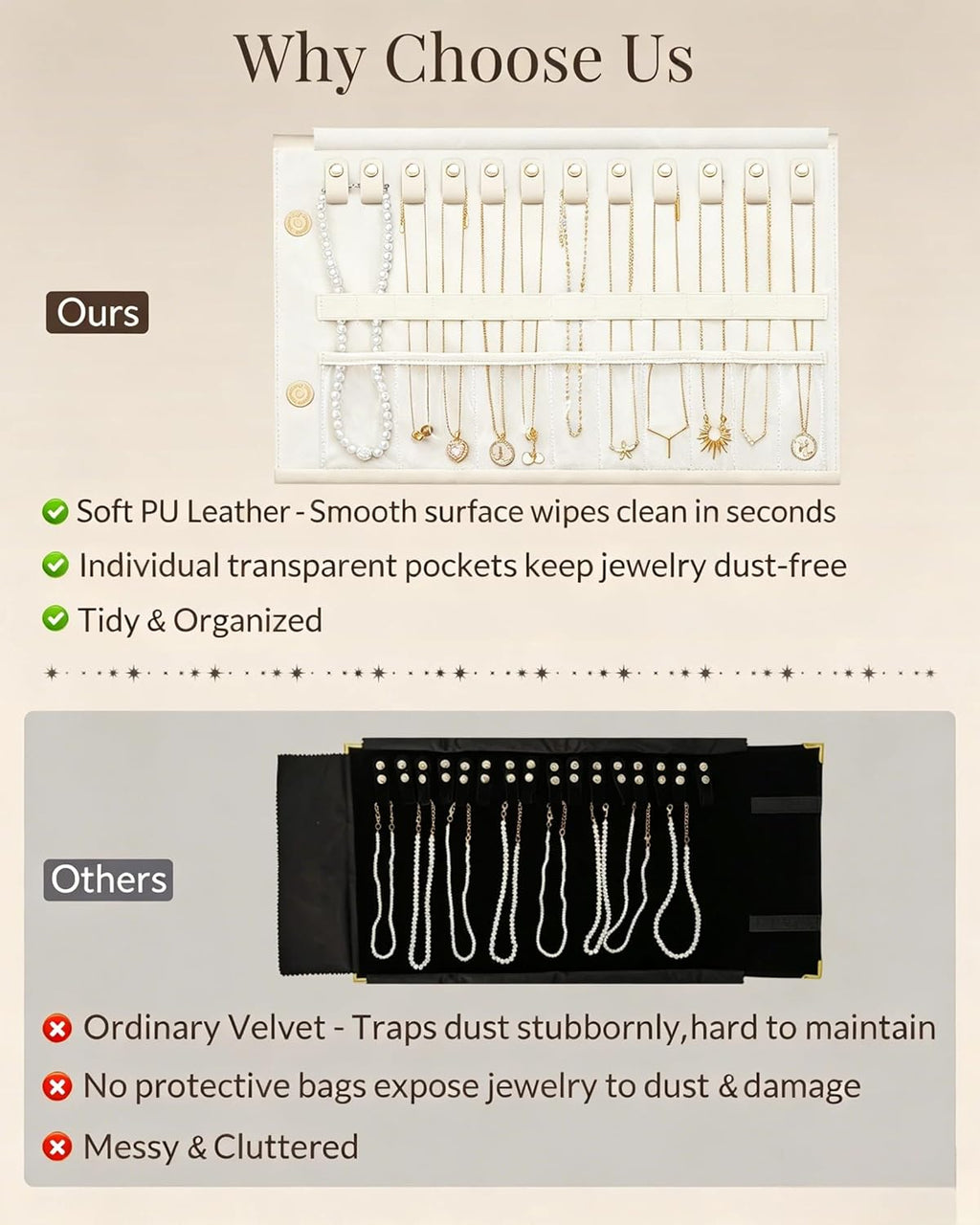 Lolalet Travel Necklace Organizer, Tangle-Free Necklace Case for Travel, Foldable Roll Up Jewelry Storage Bag for Necklaces Chains Bracelets, Beige, 12 Slots Holder