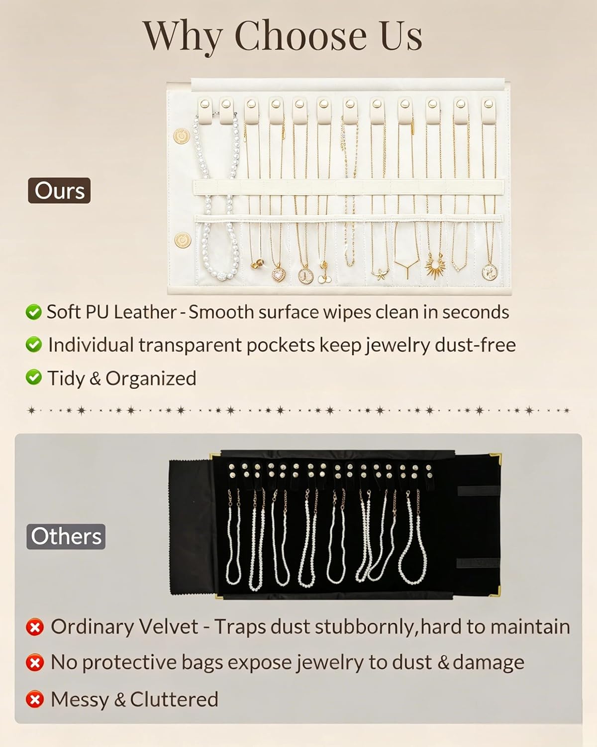Lolalet Travel Necklace Organizer, Tangle-Free Necklace Case for Travel, Foldable Roll Up Jewelry Storage Bag for Necklaces Chains Bracelets, Beige, 12 Slots Holder