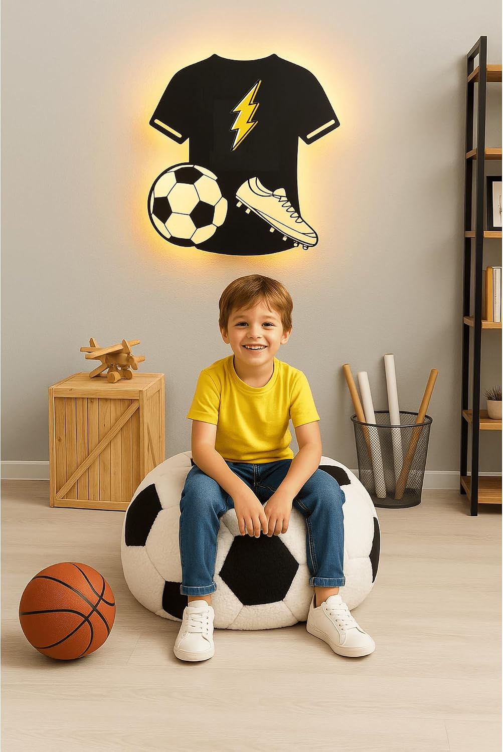 Heritage Kids Round Soccer Foam Filled Bean Bag Chair 24" x 16", Plush Sherpa Sports-Themed Foam Stuffed Ottoman Pouf, Lightweight Kids Room Decor, Playroom & Bedroom Seating