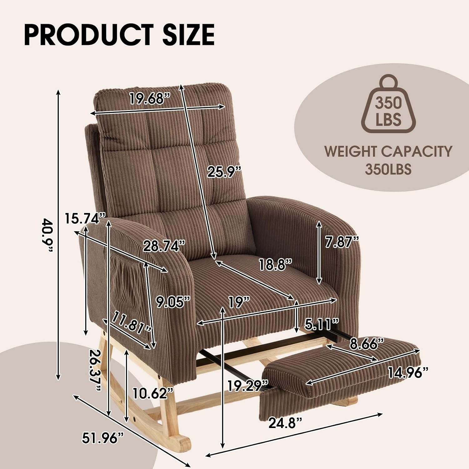 NIOIIKIT Nursery Rocking Chair, Corduroy Upholstered Rocking Chair with Adjustable Footrest, Tufted Rocker Chair with Side Pocket, Glider Rocker for Living Room, Bedroom (Brown Retro)