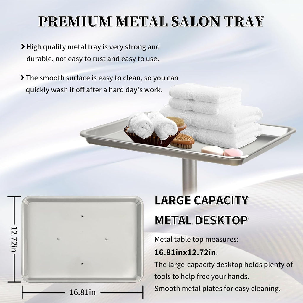Salon Tray on Wheels, Salon Color Tray with Adjustable Height,Salon Rolling Tray Ideal Use As Metal Mayo Stand Tray,Tattoo Tray, Medical Tray, Dental Tray（Silver）