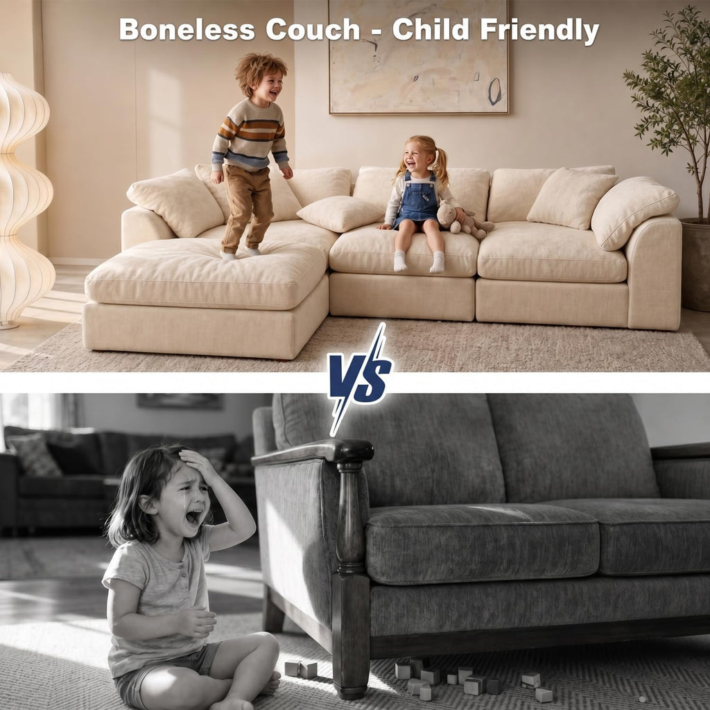 Oversized Cloud Couch Sectional Sofa for Living Room, Modular L Shaped Boneless Chenille Sofa with Chaise Lounge, Deep Seat Convertible Couch, Compressed No Assembly Floor Sofa (White)