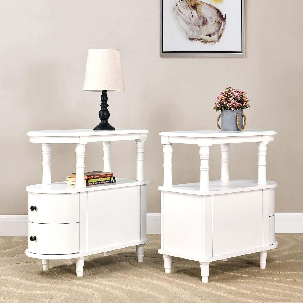 Set of 2 Wooden End Table with 2 Drawers & Storage Shelf, White | Narrow Sofa Side Table for Living Room, Slim Chair Side Table with Mid-Shelf, Vintage Small Nightstand Bedside Table for Home