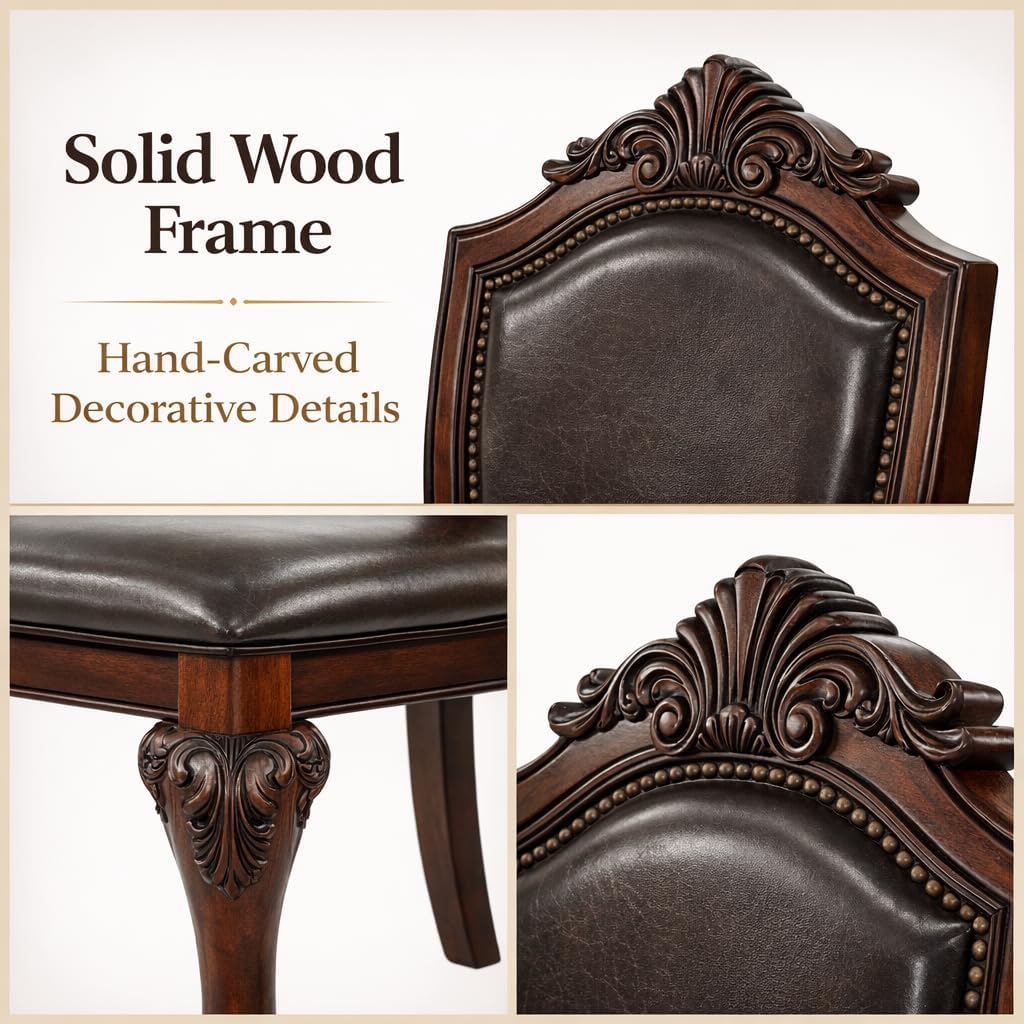 Dining Chairs Set of 6 – Antique Style Leather Dining Room Chairs with Solid Wood Legs and Rivet Decor, Ideal for Kitchen, Bedroom, Living Room (Brown armless)