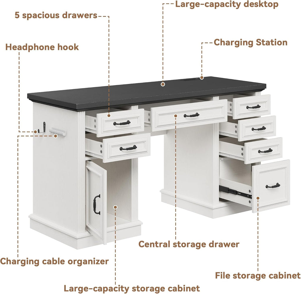 Jocoevol Farmhouse 57" Executive Desk with 7 Drawers, Home Office Desk with File Cabinet Storage, Computer Desk with Charging Station and Headphone Hook for Work, Study, Writing, White