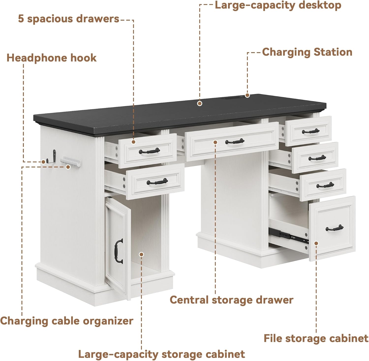 Jocoevol Farmhouse 57" Executive Desk with 7 Drawers, Home Office Desk with File Cabinet Storage, Computer Desk with Charging Station and Headphone Hook for Work, Study, Writing, White