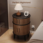 ONBRILL Fluted Round End Table with Storage, Mid-Century Modern Side Table with Charging Station, Small Wood Nightstand Bedside Table for Small Space Sofa Couch Bedroom Living Room (Walnut)
