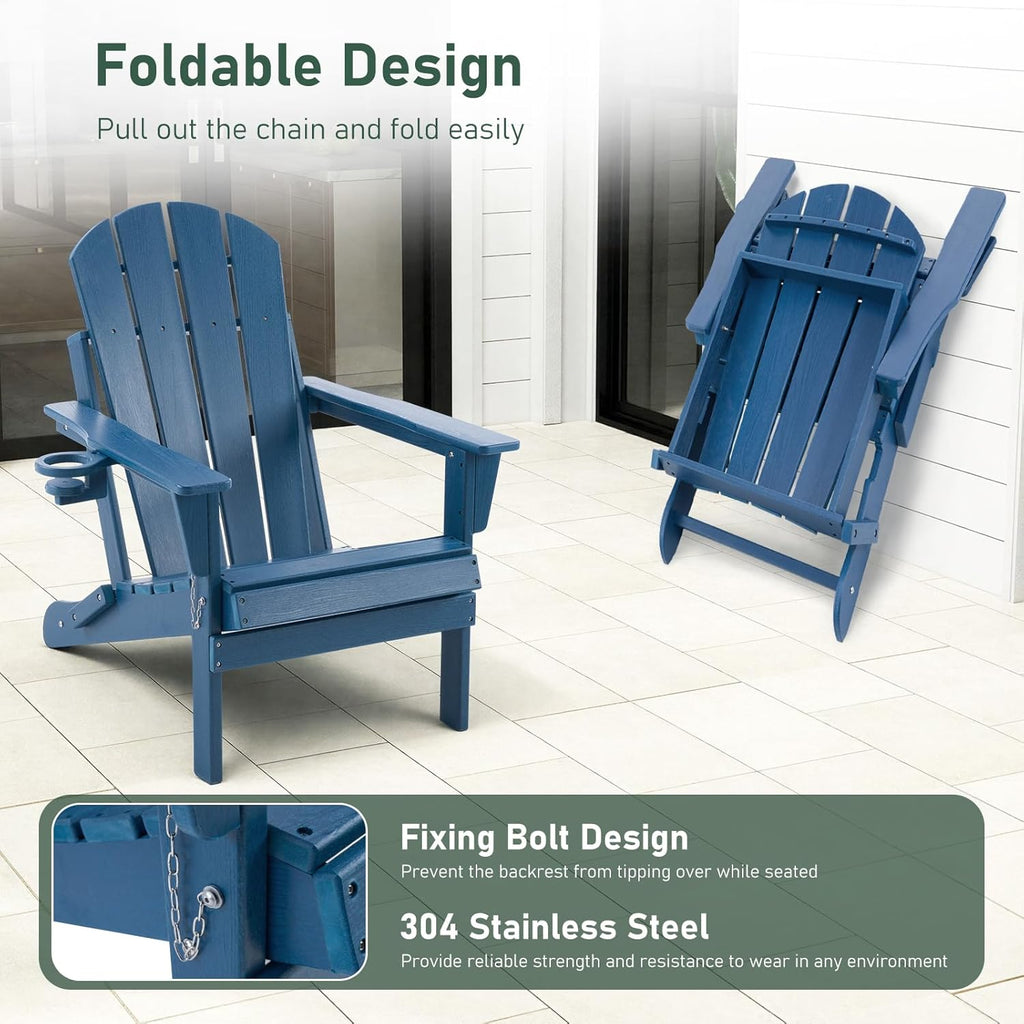 Furnimart Folding Adirondack Chairs Set of 2, Outdoor HDPE Patio Chairs - Wood Look with Cup Holders, Plastic Chairs Weather-Resistant for Outside Garden Balcony Lawn, Blue 2pcs
