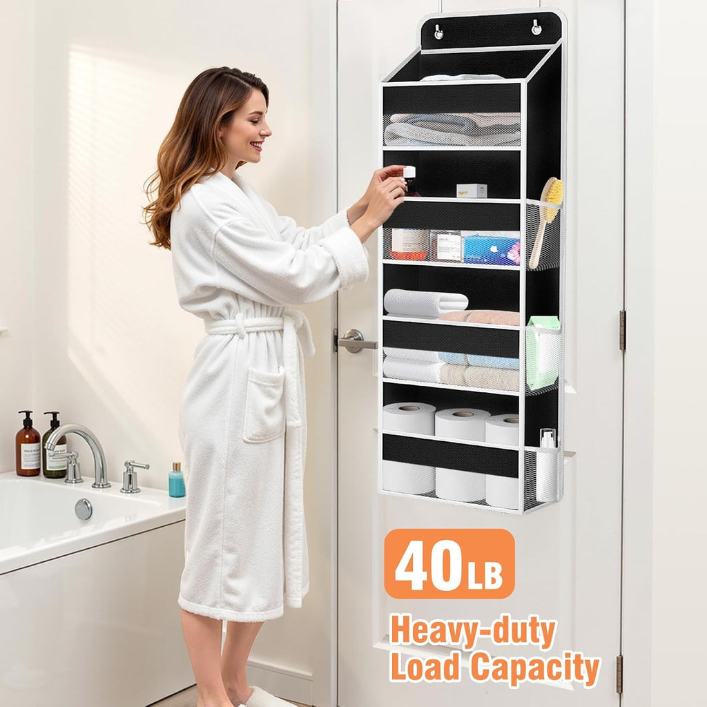 WISELIFE Over The Door Organizer Storage 4 Shelves Large Capacity Hanging Bedroom Storage Solution with 6 Side Pockets for Dorm Bathroom Pantry Nursery and Baby Essentials Holds up to 40 Lbs (Black)