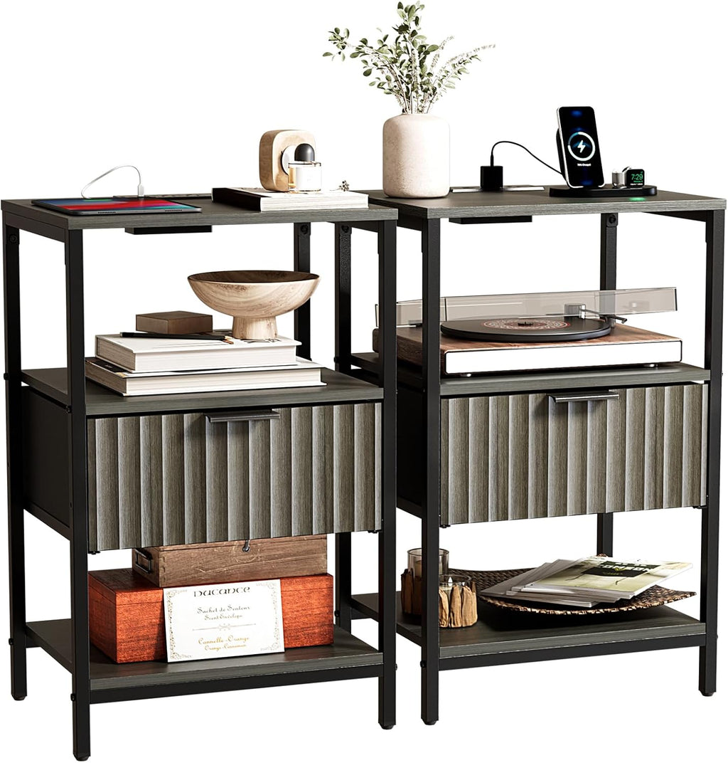 Bonnlo Fluted Nightstand Set of 2, End Table with Fabric Drawer with Charging Station, Night Stand with Storage Shelf & Handle, Fluted Side Table for Bedroom/Living Room,Grey