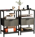 Bonnlo Fluted Nightstand Set of 2, End Table with Fabric Drawer with Charging Station, Night Stand with Storage Shelf & Handle, Fluted Side Table for Bedroom/Living Room,Grey