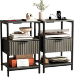Bonnlo Fluted Nightstand Set of 2, End Table with Fabric Drawer with Charging Station, Night Stand with Storage Shelf & Handle, Fluted Side Table for Bedroom/Living Room,Grey