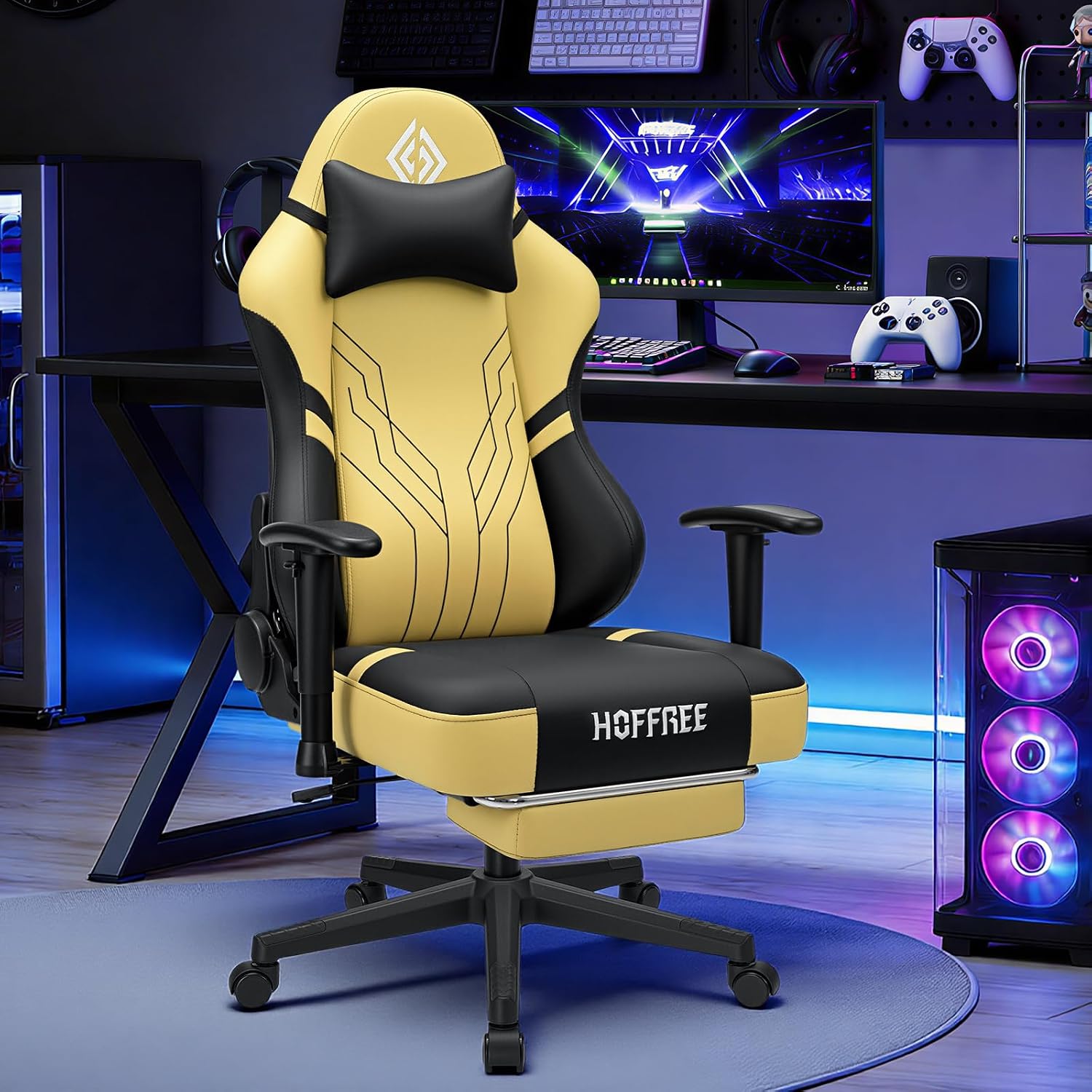 HOFFREE Gaming Chair with Footrest 160° Reclining Computer Chair with 15° Rocking Function Ergonomic Game Chairs for Adults 400lbs Home Office Compueter Desk Chair with 2D Armrests Yellow and Black