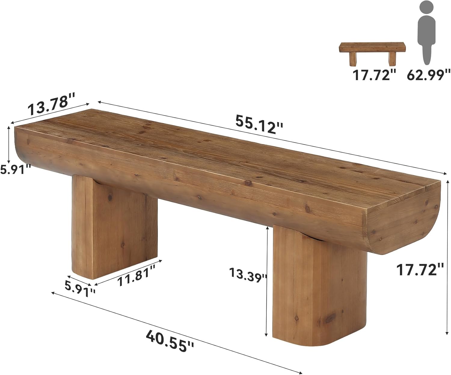 55'' Solid Wood Entryway Bench, Farmhouse Wood Dining Bench, Rustic End of Bed Bench for Bedroom, Living Room, Hallway