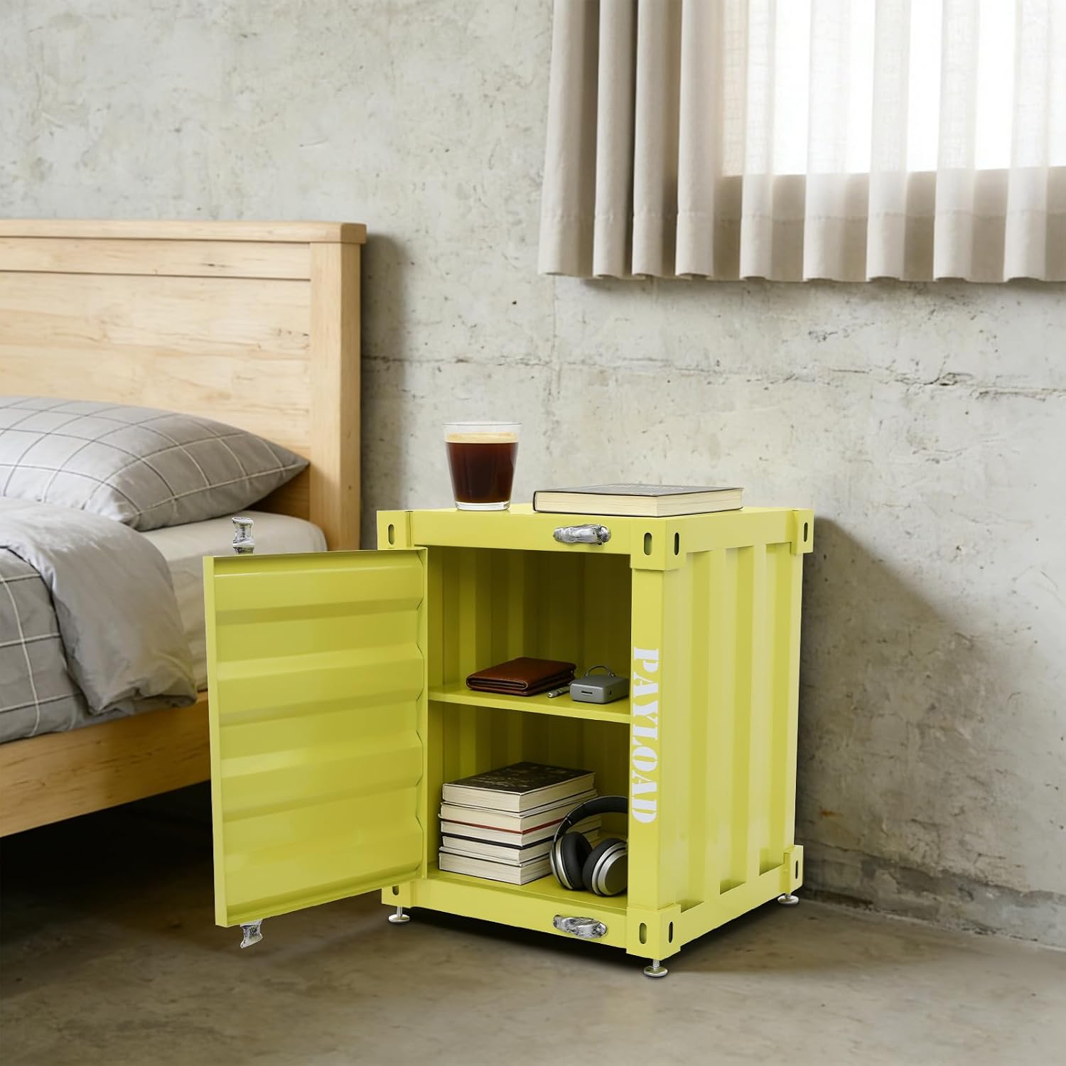 Industrial Wind Bedside Table, End Tables, Container Style Locker Wrought, Tinplate Bilayer Side Table, Metal Locker Nightstand with Combination Lock for Bedroom, Living Room, Office - Yellow