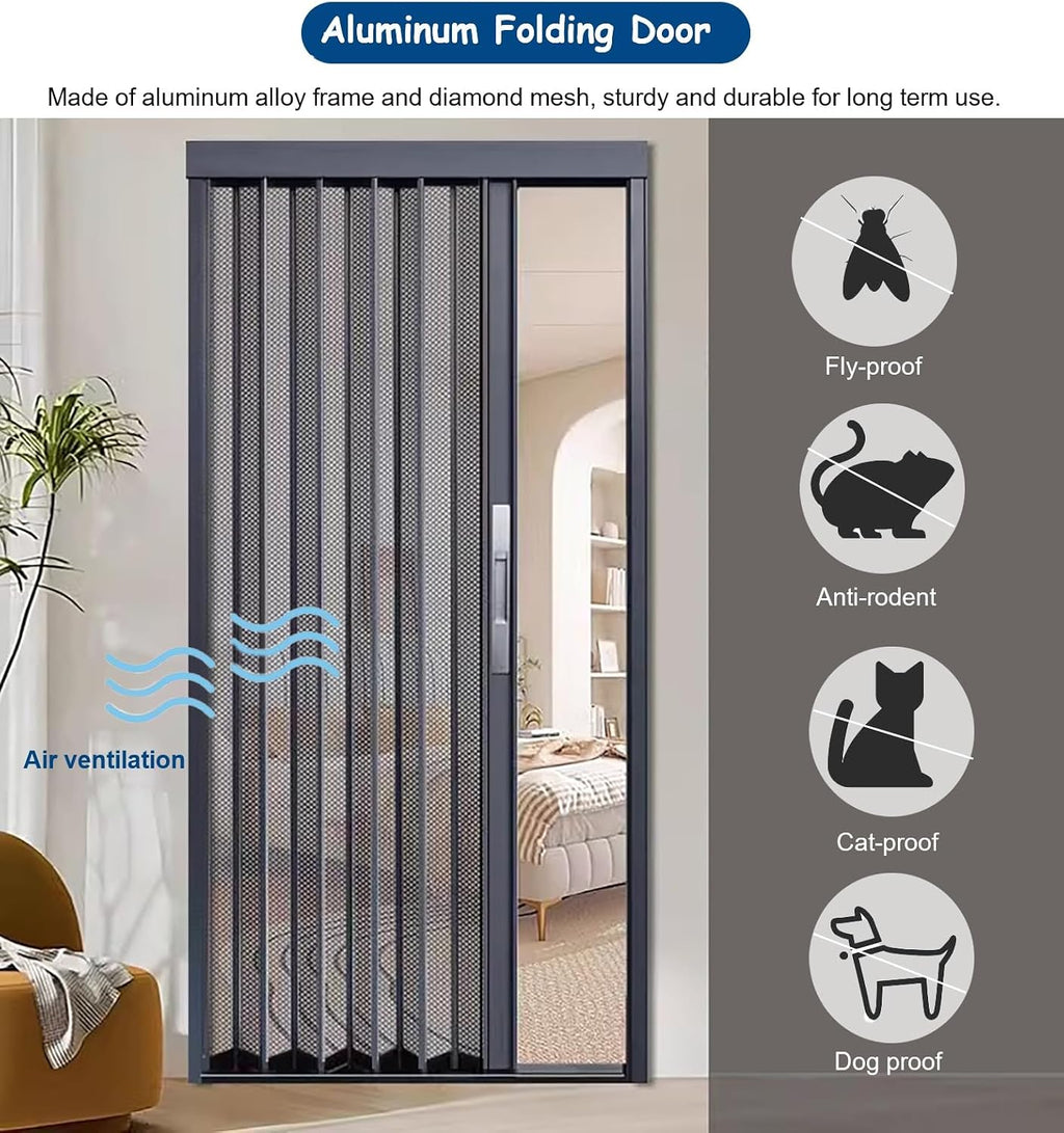 Complete Folding Accordion Door Hardware Kit, Aluminum Frame & Tear-Proof Mesh Panel Sliding Door, Black Multifold Folding Gate Simple Installation(51x80in(130x203cm))