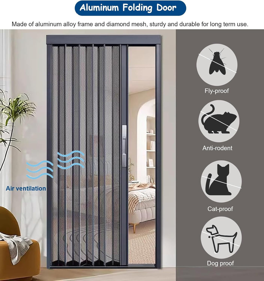 Mesh Sliding Folding Door with Lock & Key, Aluminum Frame Interior Accordion Doors for Exterior, Vented Room Divider Foldable Retractable Screen Gate(75x80in(191x203cm))