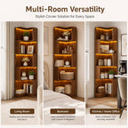ODC 5-Tier Corner Bookshelf with LED Lights, Freestanding L-Shaped Corner Bookcase with Baffles, Wood Tall Corner Display Shelf Stand for Living Room, Study Room, Home Office - Walnut