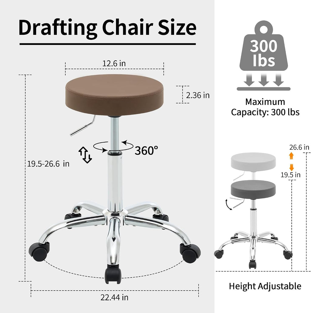 FIRAVOE Adjustable Office Stool with Wheels 19.5"-26.6", Brown Thick Cushion Backless Rolling Chair (Coffee Brown)