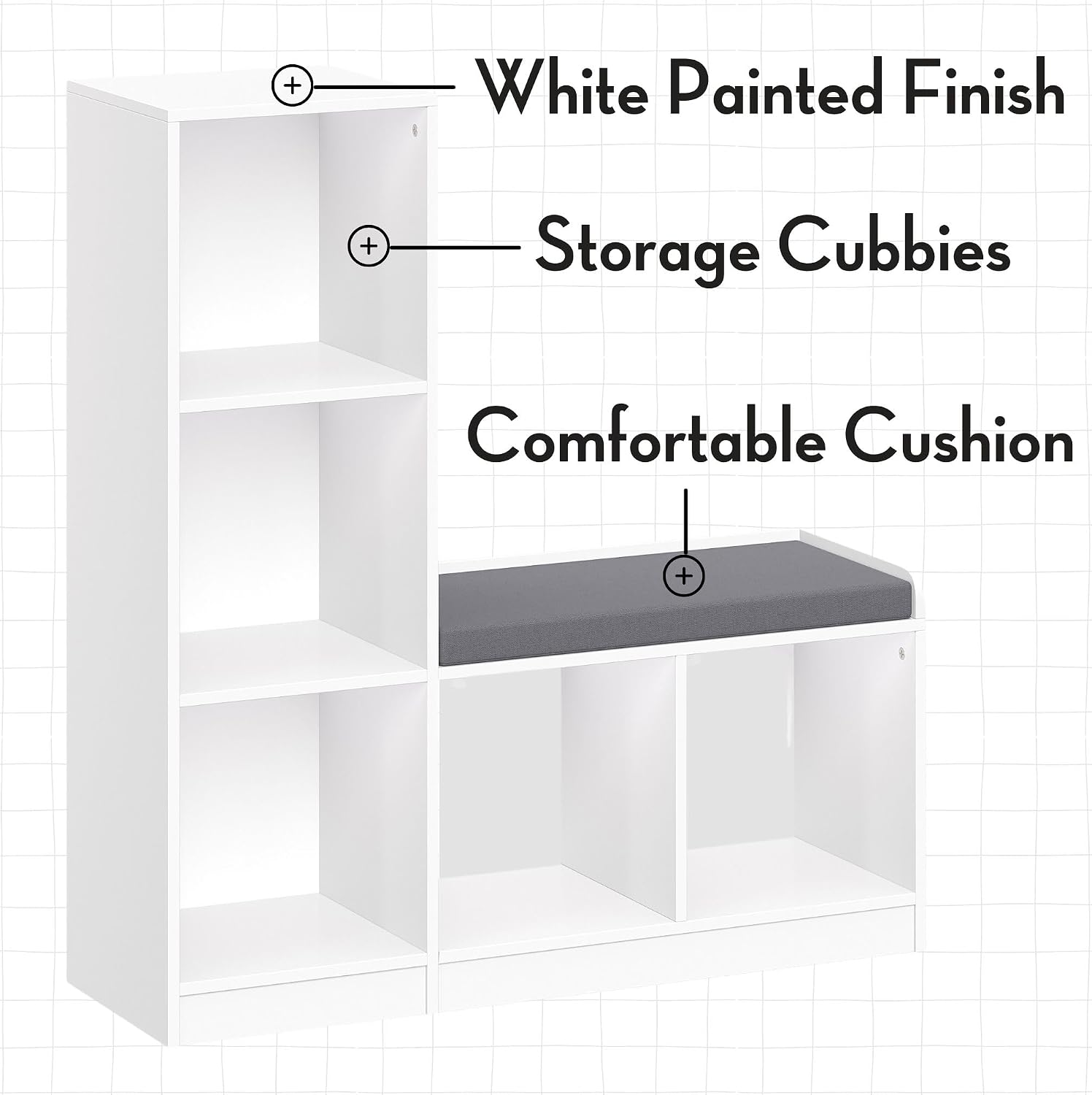 RiverRidge Kids Toy Storage Organizer Bench with 5 Cubby Spots, 2 Gray Fabric Bins & Cushioned Seat for Book Nook Playroom Storage