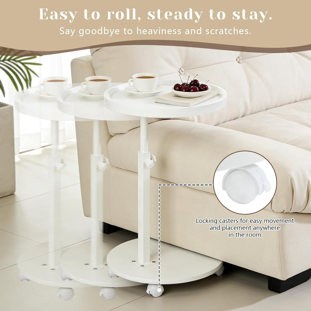 YYW C Shaped End Table Adjustable Height, 360°Swivel TV Tray Table for Small Spaces White