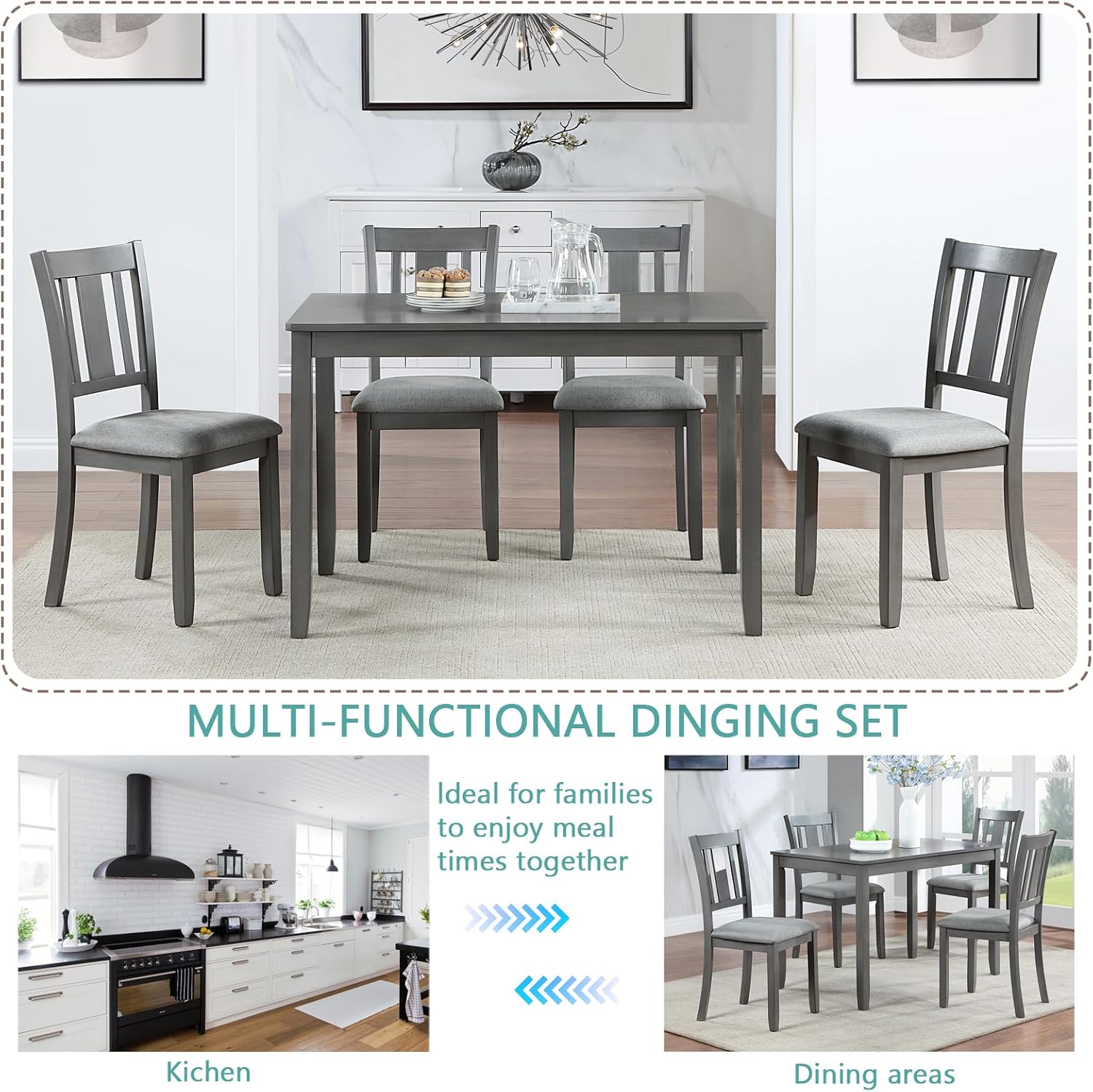 RuiSiSi 5 Piece Dining Table Set for 4, Farmhouse Kitchen Table with 4 Padded Seat Chairs, Solid Wood Dinette Set for Kitchen, Living Room, Grey