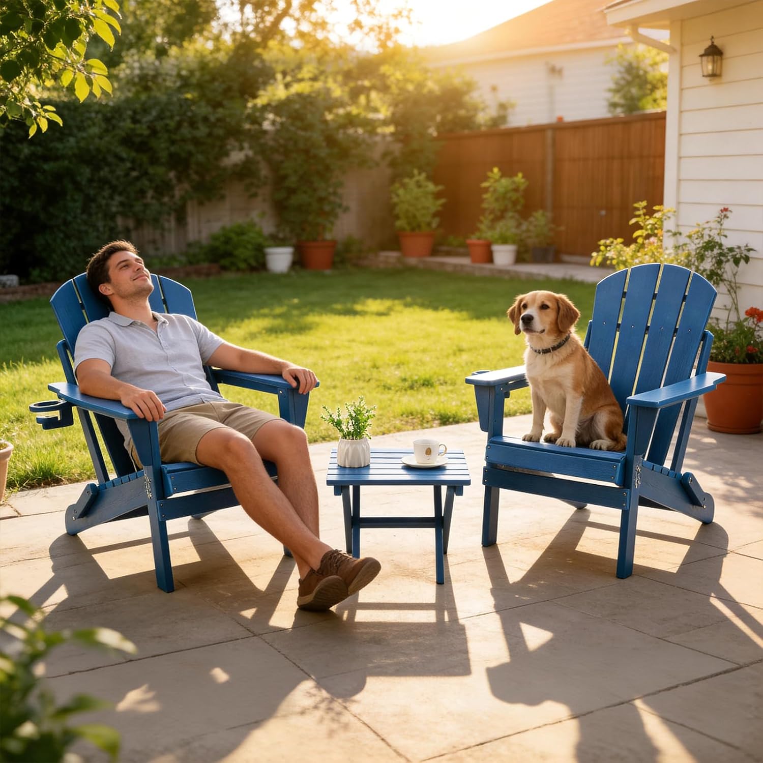 Furnimart Folding Adirondack Chairs Set of 2, Outdoor HDPE Patio Chairs - Wood Look with Cup Holders, Plastic Chairs Weather-Resistant for Outside Garden Balcony Lawn, Blue 2pcs