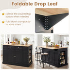 LOKO 48" Stationary Kitchen Island with Drop Leaf, Rubber Wood Top Butcher Block Island Table with 2 Drawers, Cabinet & Adjustable Shelf, Multipurpose Kitchen Cart for Dining Room, Living Room & Bar