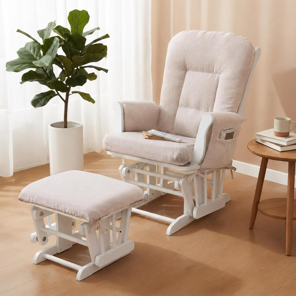 Boshen 5PCS Glider Rocker Replacement Cushions with Ottoman Cover, 3.5" Thick High Back Rocking Chair Cushion Set with Side Pockets for Indoor Nursery Glider Chair, Washable and Non Slip, Beige