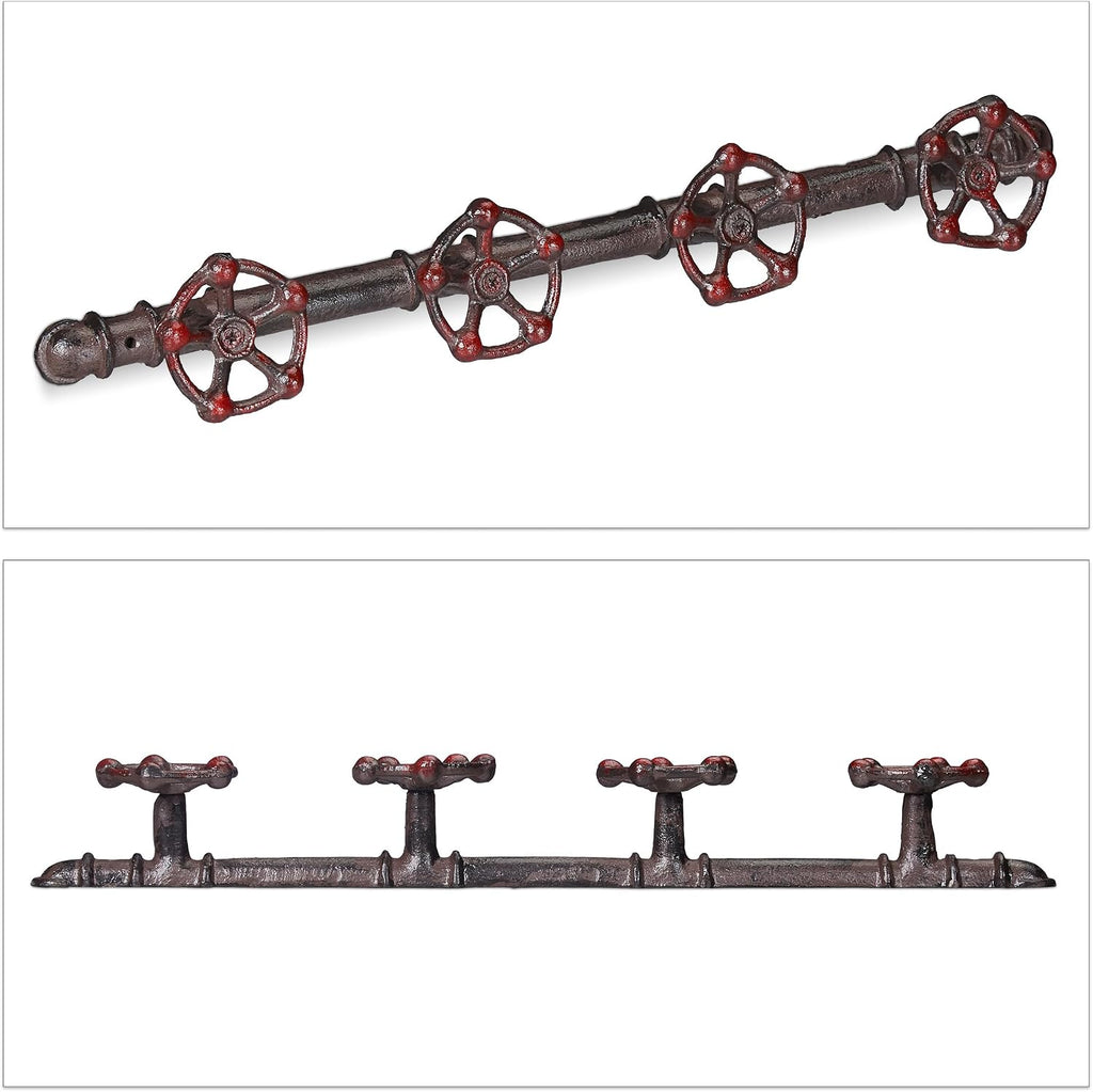 Relaxdays Wall-Mounted Coat Rack, 4 Hooks, Cast Iron, Deco Pipeline Look, Rustic, H x W x D: 6.5 x 46.5 x 6 cm, Brown