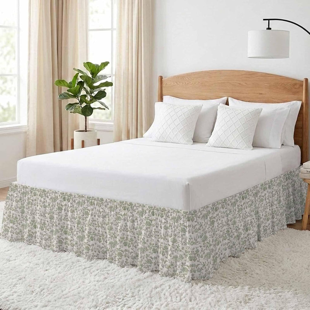Farmhouse Sage Green Bed Skirt for Queen Size Bed 18" Drop,Dust Ruffle Wrap Around Bedskirt with Elastic Strap,Vintage Flower Leaf Botanical Adjustable Easy Fitting Pleated Bed Frame Cover