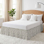 Farmhouse Sage Green Bed Skirt for Queen Size Bed 18" Drop,Dust Ruffle Wrap Around Bedskirt with Elastic Strap,Vintage Flower Leaf Botanical Adjustable Easy Fitting Pleated Bed Frame Cover