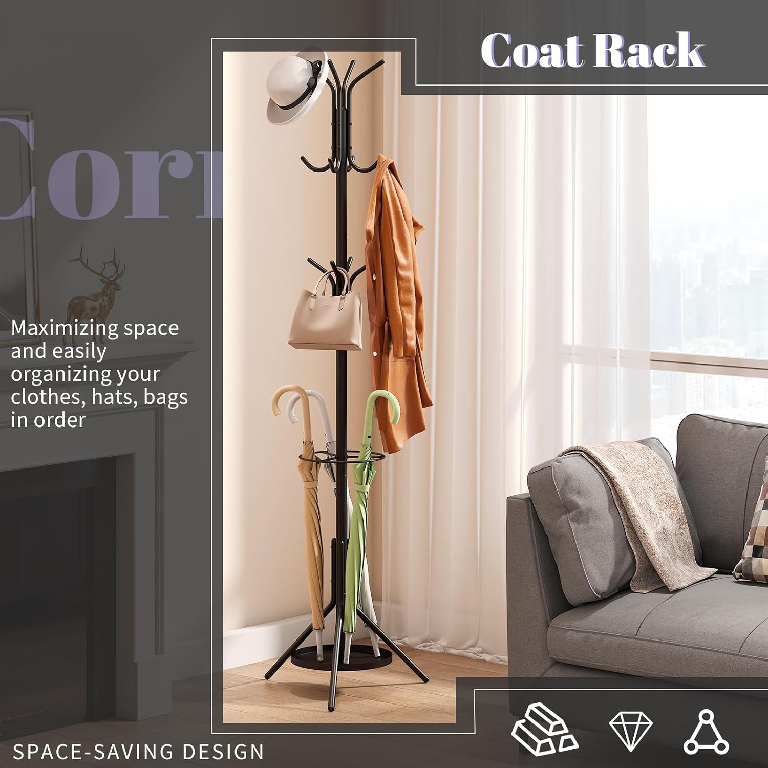 Coat Rack Freestanding,Entryway Hanger Stand,Umbrella Holder,Hall Tree With 12 Hooks, Floor Standing Metal Tree Stand,Black