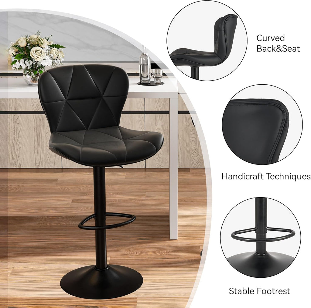 Nalupatio Modern Bar Stools Set of 2, Adjustable Faux Leather Upholstered Swivel Bar Stools, Counter Height Bar Chairs with Back for Kitchen Island, Black
