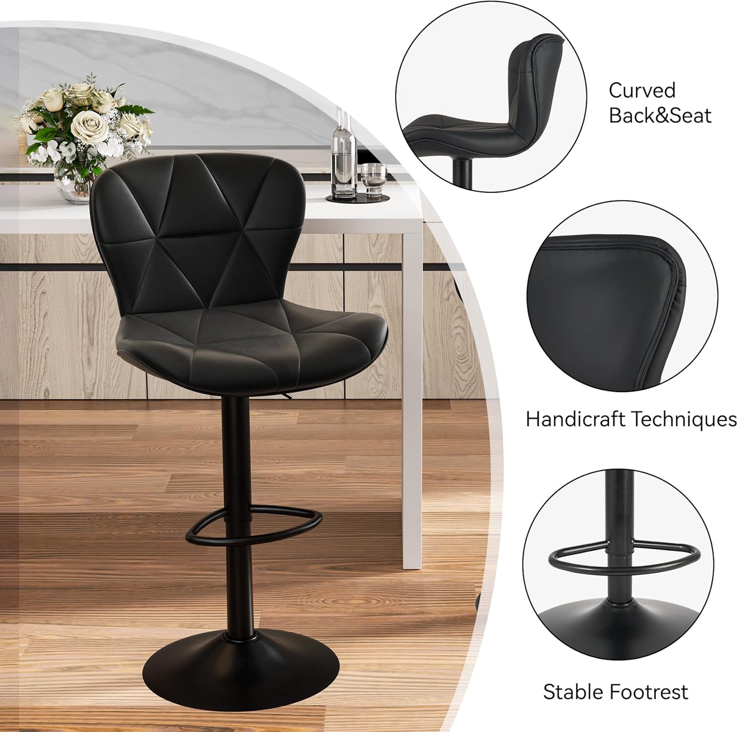 Nalupatio Modern Bar Stools Set of 2, Adjustable Faux Leather Upholstered Swivel Bar Stools, Counter Height Bar Chairs with Back for Kitchen Island, Black