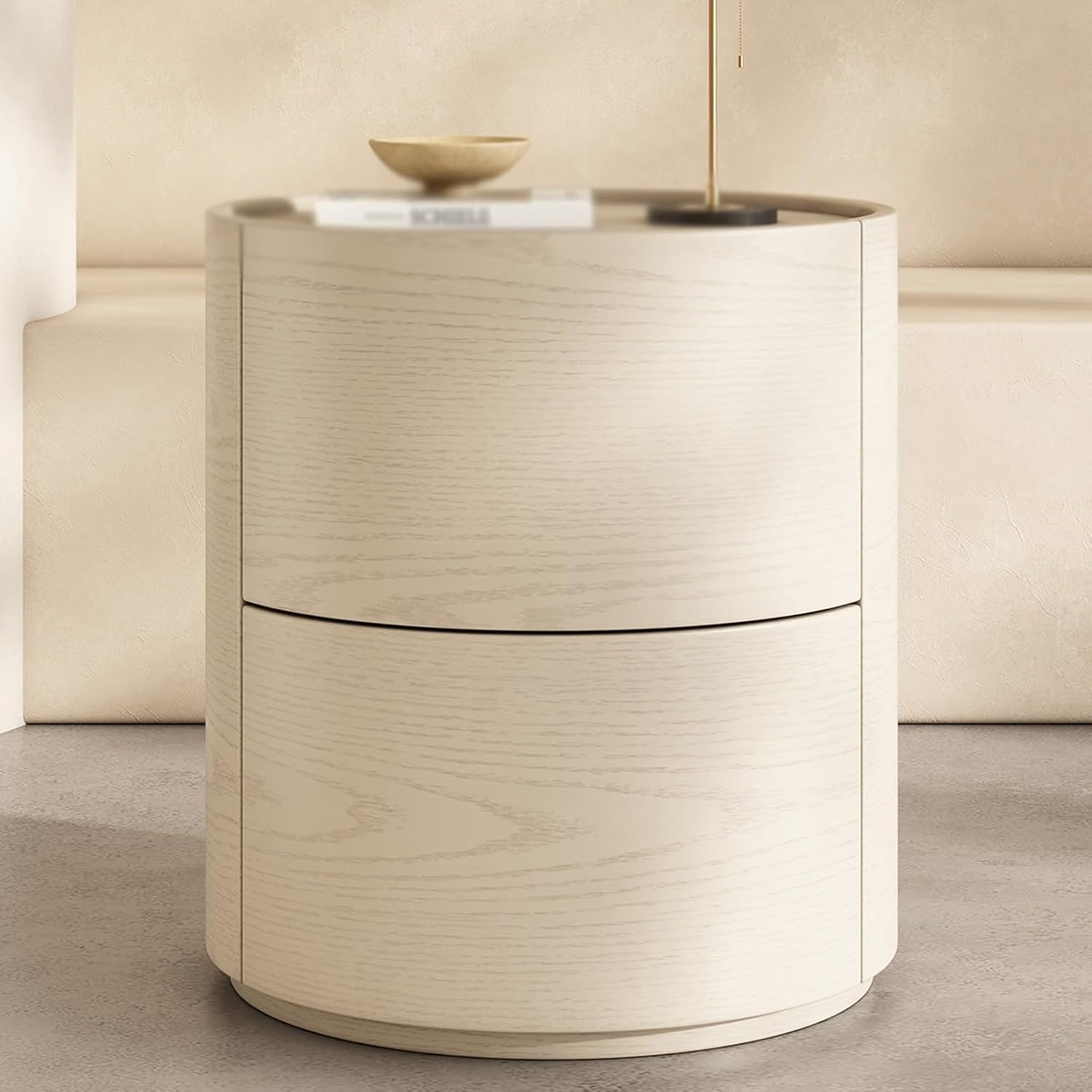 Wooden Nightstand Modern End Table,Round Side Tables with 2 Drawers Bedside Cabinet Accent Tea Tables,No Handle Design Storage Cabinet for Living Room Bedroom Office(White,15.7in/40cm)