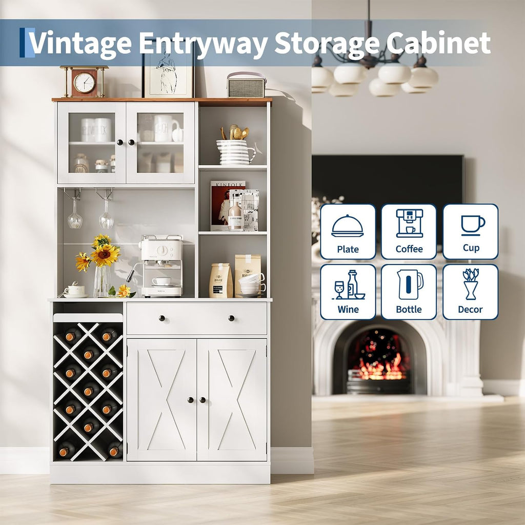 71" Kitchen Pantry Cabinet with Wine Bottle Rack and Charging Station Tall Pantry Storage Cabinet with Adjustable Shelves and Door Shelves Modern Kitchen Hutch with Microwave Stand and Countertop