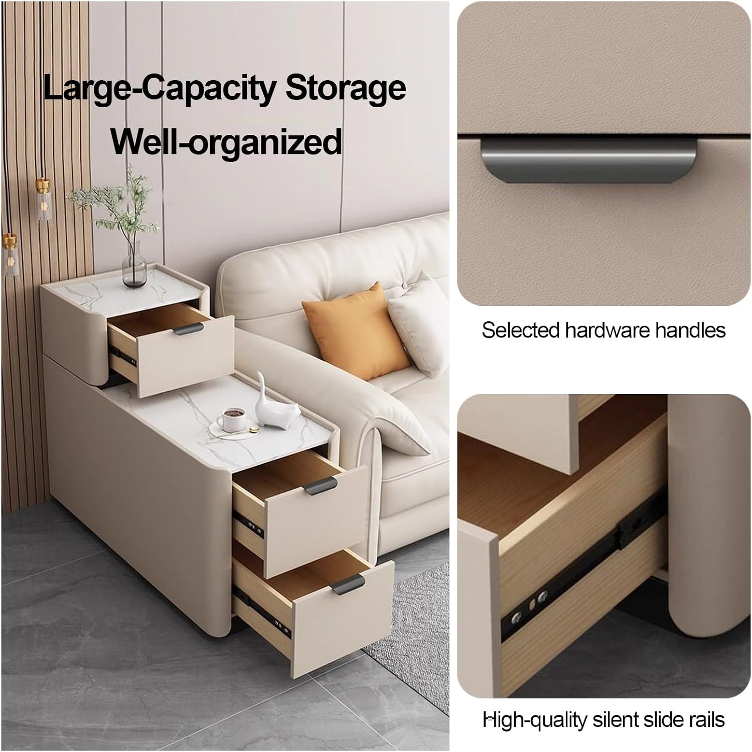 Modern Sofa Side Table with 3 Drawers, PU Leather Nightstand with Silent Rails, Pine Wood Frame, for Small Spaces, Living Room Bedroom(Gray,31.5x11.8x30.7in)