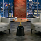 Round Side Table, 23.6 Inch, Walnut Wood Top with Black and Gold Metal Base, Modern Living Room End Table